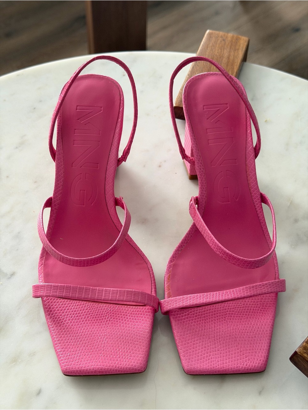Mango Hot Pink Square Toe Strappy Block Heels